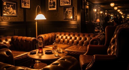 Inviting warm leather seating in dim vintage styled speakeasy with drinks and ambient lighting