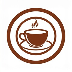 Simple brown coffee cup icon with steam on a saucer, framed within concentric circles, ideal for a cafe logo or emblem