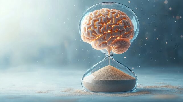 An hourglass with a human brain inside the upper chamber slowly releasing glowing sand into the lower chamber symbolizing the passage of time and mental activity - Powered by Adobe