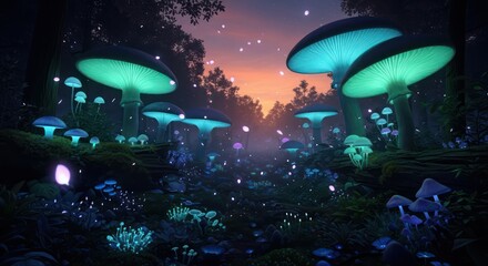 Fototapeta premium Enchanted fungal forest at twilight: A surreal landscape of glowing mushrooms and magical lights