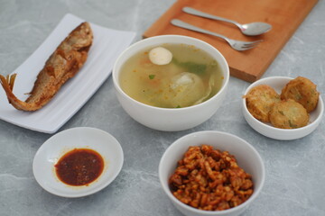Indonesian Cuisine Fried Fish, Meatball Soup, Tempeh, and Snacks