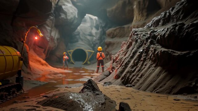 Zooming past a canary in foreground inside underground mining cave