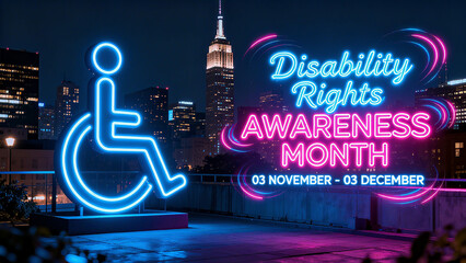 Neon wheelchair signage and urban night scenes, visibility and attention to disabled groups in the city in disability rights promotion, disability rights awareness month promotion from November 3rd 