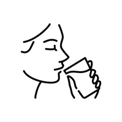 Woman drinking a glass of water icon. Simple outline style. Drink, mouth, face, person, girl, people, hand, skin, thirst, perfect, thirsty concept. Thin line symbol. Isolated design.