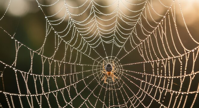Delicate spiderweb adorned with dewdrops creates an ethereal visual tapestry in nature's embrace