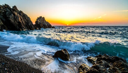 Sunset over rocky coastline with waves crashing