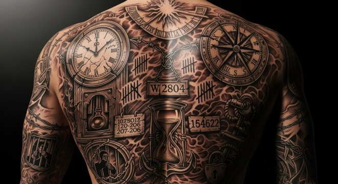 Intricate back tattoo showcasing time, navigation, and confinement motifs in monochrome style