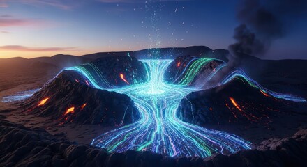 Surreal Landscape of Volcanoes with Flowing Digital Streams Amidst a Dusk Sky