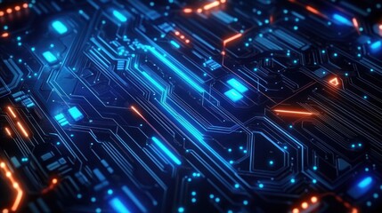 Close-up of a futuristic electronic circuit board with glowing blue and orange lights and intricate pathways conveying advanced technology and connectivity