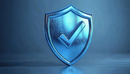 3D metallic blue shield with a checkmark symbol representing protection and security on a reflective surface with a blue gradient background