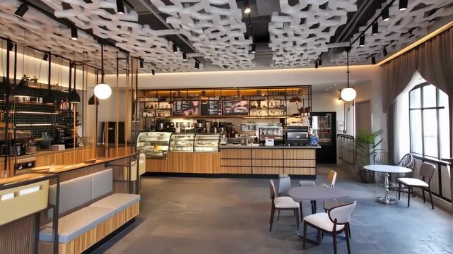 Modern cafe interior with unique ceiling design
