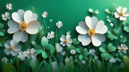 Close-up of delicate white and green paper flowers with yellow centers on green background, evoking a calm and artistic floral scene