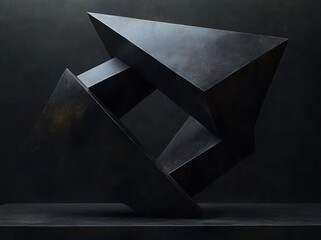 abstract black geometric sculpture with angular shapes and hollow center on dark surface and background evoking modern and minimalistic atmosphere