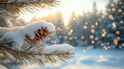snow-covered pine cone on evergreen branch with soft sunset and glowing light bokeh in snowy forest background