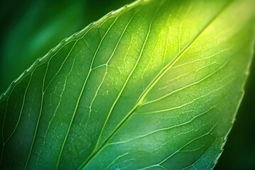 Close-up of a bright green leaf showing detailed veins and texture illuminated by natural sunlight, evoking freshness and vitality