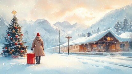 Person in winter clothing walking with suitcase toward a decorated Christmas tree and snowy train station surrounded by snow-covered mountain landscape