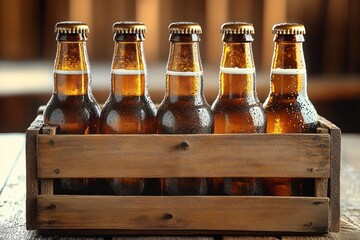 Five wet brown glass beer bottles arranged neatly in a rustic wooden crate with warm ambient lighting