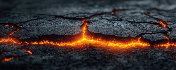 Cracked dark volcanic rock with glowing orange molten lava emerging from fissures creating a dramatic and intense natural scene