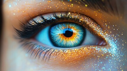 Close-up of a human eye with vibrant blue and orange iris surrounded by glitter and shimmering makeup on the eyelid and skin, conveying a sense of wonder and beauty