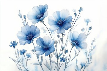 Delicate bouquet of light blue and white translucent flowers with slender stems and soft petals on a clean white background