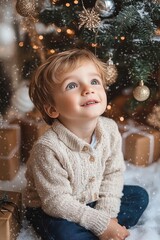 Young child sitting near decorated Christmas tree looking up with joyful and amazed expression surrounded by wrapped presents and snow-like decorations