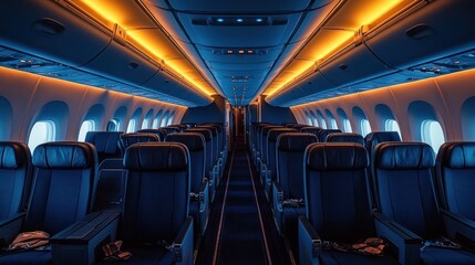 Empty airplane cabin with rows of black leather seats illuminated by warm orange overhead lights and natural daylight from windows on both sides
