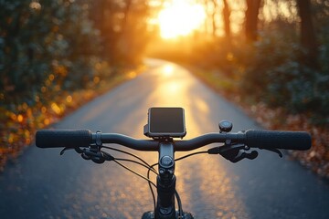 View from bicycle handlebars on a sunlit forest path during sunset with warm golden light creating a peaceful and inspiring atmosphere