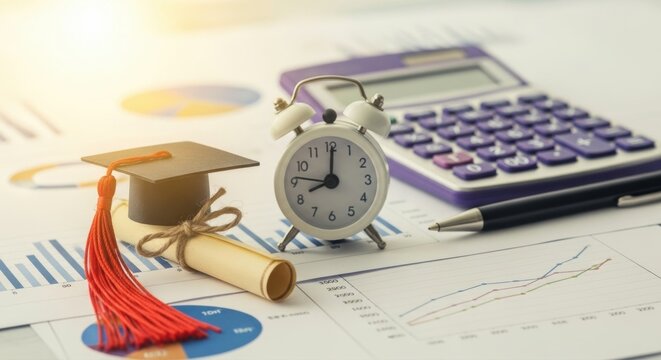 A close up of a graduation cap diploma clock and calculator on financial charts and documents