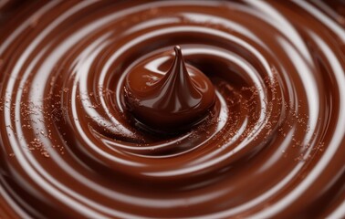 Close-up of rich melted chocolate swirling with smooth glossy texture and a peak forming in the center evoking indulgence and sweetness
