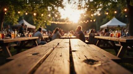 empty picnic table with blurred background of lively outdoor beer garden and vibrant summer evening | beverage, event, food, celebration, relaxation theme
