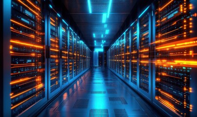 Fototapeta premium Futuristic data center corridor with glowing servers emitting vibrant orange and blue lights, reflecting a high-tech and efficient environment