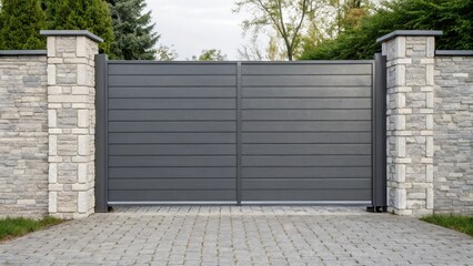 Modern wide automatic sliding gate built into tall fence wall, stylish home protection concept.