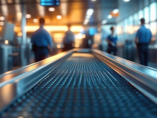 Close-up view of a moving walkway in an airport terminal with blurred security personnel and travelers in the background during a busy day