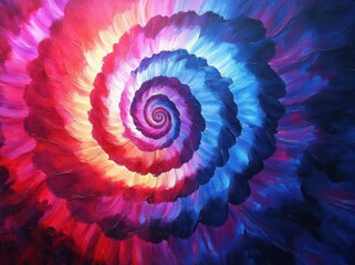 Vibrant colorful spiral pattern blending red, pink, purple, blue, and white shades with dynamic brush strokes, evoking a sense of motion and depth