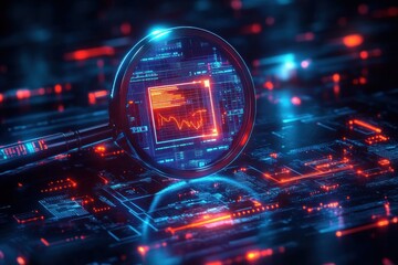 Obraz premium Magnifying glass focusing on glowing digital data and graphs on a futuristic electronic circuit board with vibrant blue and red lights