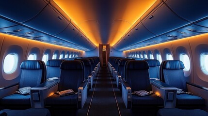 Empty modern airplane cabin interior with rows of dark leather seats illuminated by warm ambient lighting creating a calm and luxurious atmosphere