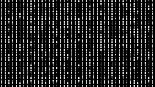 White Binary Code Pattern on Black Background Digital Data Stream Seamless binary code pattern with white zeros and ones against a black background representing digital information and data flow