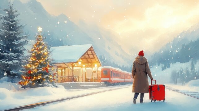 person in winter coat and red hat standing on snowy train platform with red suitcase near decorated and lit Christmas tree at sunset in a mountainous snowy landscape