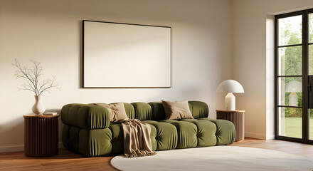 Modern Living Room Interior Design Olive Green Sofa Mockup