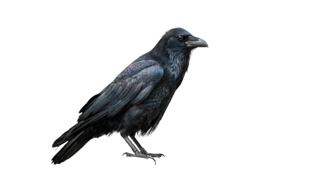 Majestic raven stands with intelligent gaze, its dark iridescent feathers shimmering, perfect for conveying mystery, wisdom, or gothic themes in design projects.