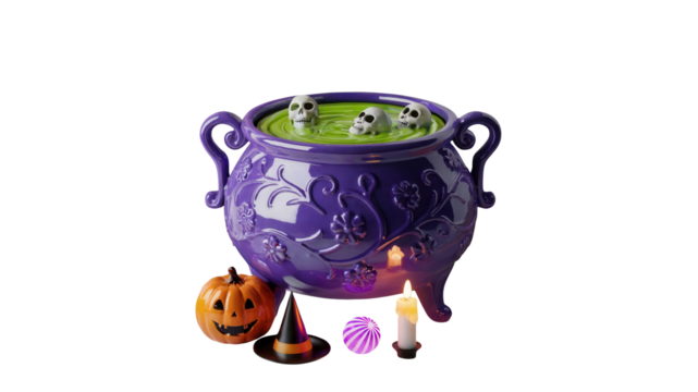 Spooky Halloween cauldron bubbling with eerie green potion and skulls, surrounded by a grinning pumpkin, witch hat, striped candy, and glowing candle