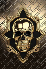 Golden Shiny Skull with Gothic Pattern Background