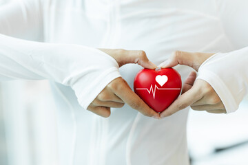 Close-up of female hands holding red heart with heartbeat icon, symbolizing heart health, wellness, cardiovascular care, fitness awareness and love in healthcare and medical lifestyle.