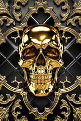 Golden Shiny Skull with Gothic Pattern Background