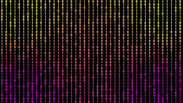 Gradient Binary Code Pattern Yellow Pink Purple on Black Background Digital Data Stream Seamless binary code pattern with a gradient of yellow, orange, pink, and purple zeros and ones against a