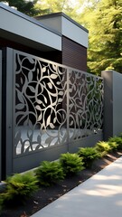 Modern architectural design featuring a metal fence with organic pattern detail against verdant