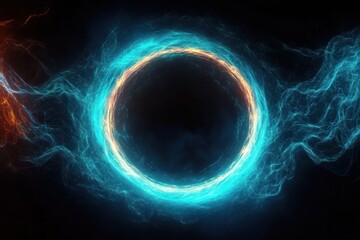 A glowing ring of blue and orange electric energy pulses against a dark background, creating a dynamic and mysterious aura