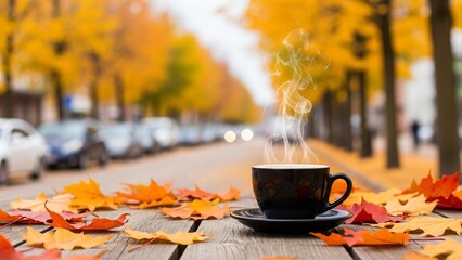 Hot coffee steams on table surrounded by vibrant autumn leaves