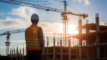 Visionary engineer overseeing dynamic skyscraper construction against a vibrant sunset sky, planning future growth
