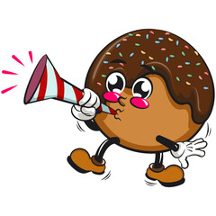 cute chocolate ball mascot character vector illustration blow the party horn trumpet, work of hand drawn